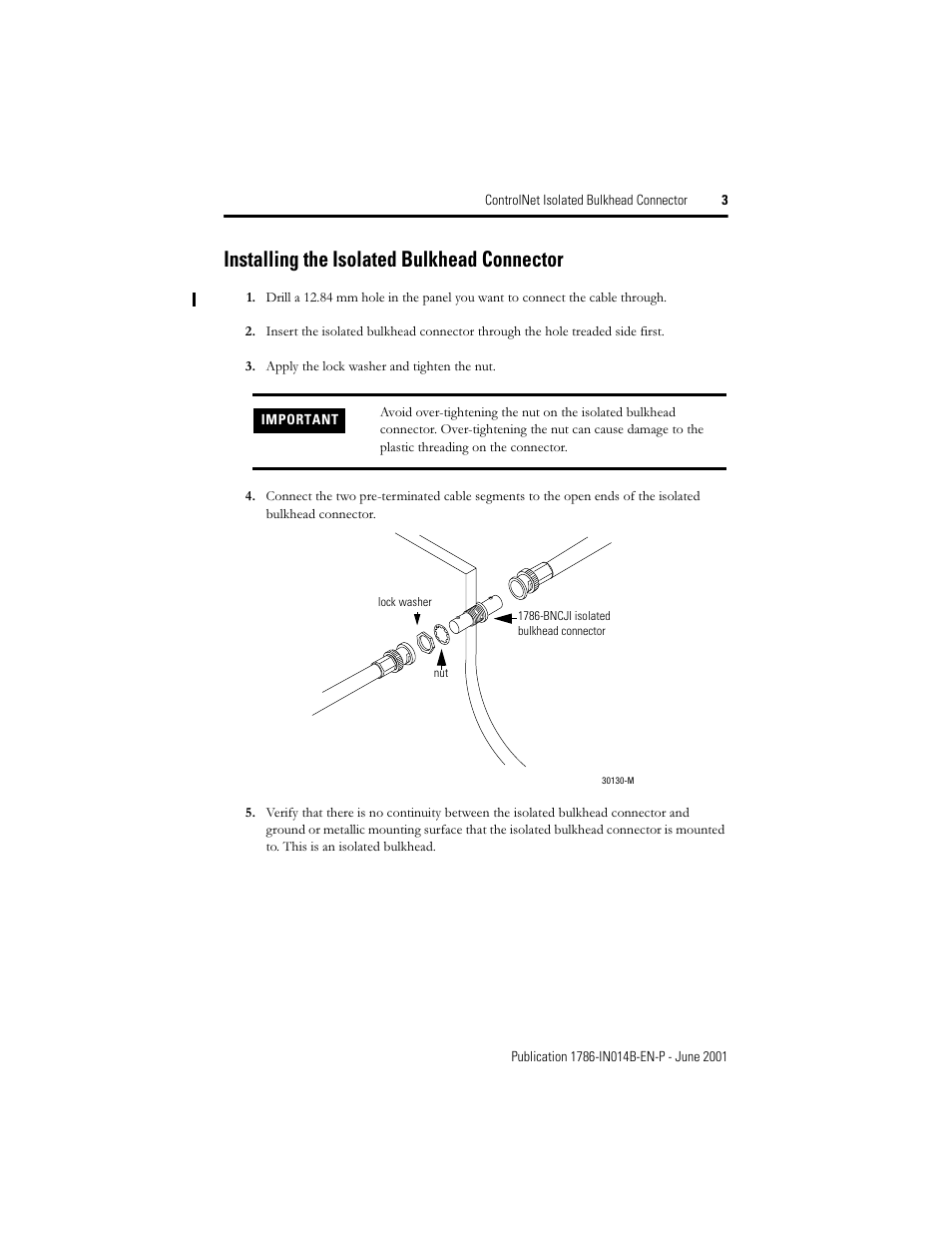 Installing the isolated bulkhead connector | Rockwell Automation 1786-BNCJI ControlNet Isolated Bulkhead Connector Installation Instructions User Manual | Page 3 / 4