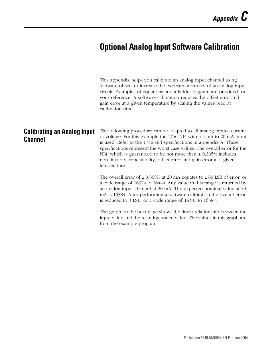 C - optional analog input software calibration, Calibrating an analog input channel, Appendix c | Optional analog input software calibration | Rockwell Automation 1746-XXXX SLC 500 4-Channel Analog I/O Modules User Manual User Manual | Page 101 / 113