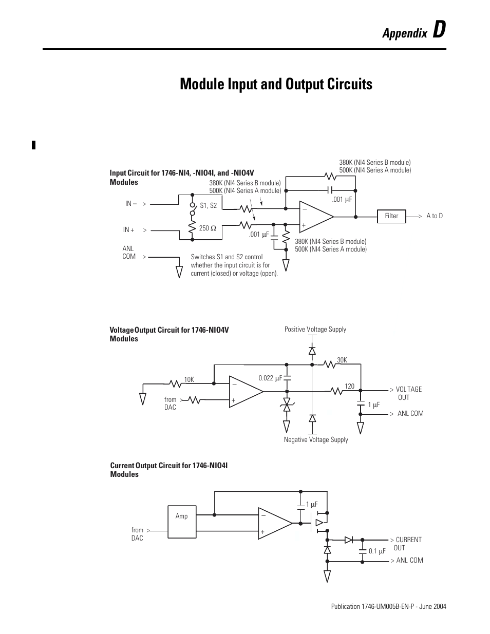 D - module input and output circuits, Appendix d, Module input and output circuits | Appendix | Rockwell Automation 1746-XXXX SLC 500 4-Channel Analog I/O Modules User Manual User Manual | Page 107 / 113