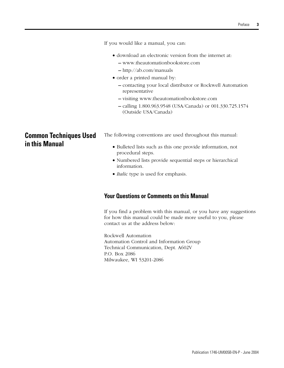Common techniques used in this manual, Your questions or comments on this manual | Rockwell Automation 1746-XXXX SLC 500 4-Channel Analog I/O Modules User Manual User Manual | Page 11 / 113