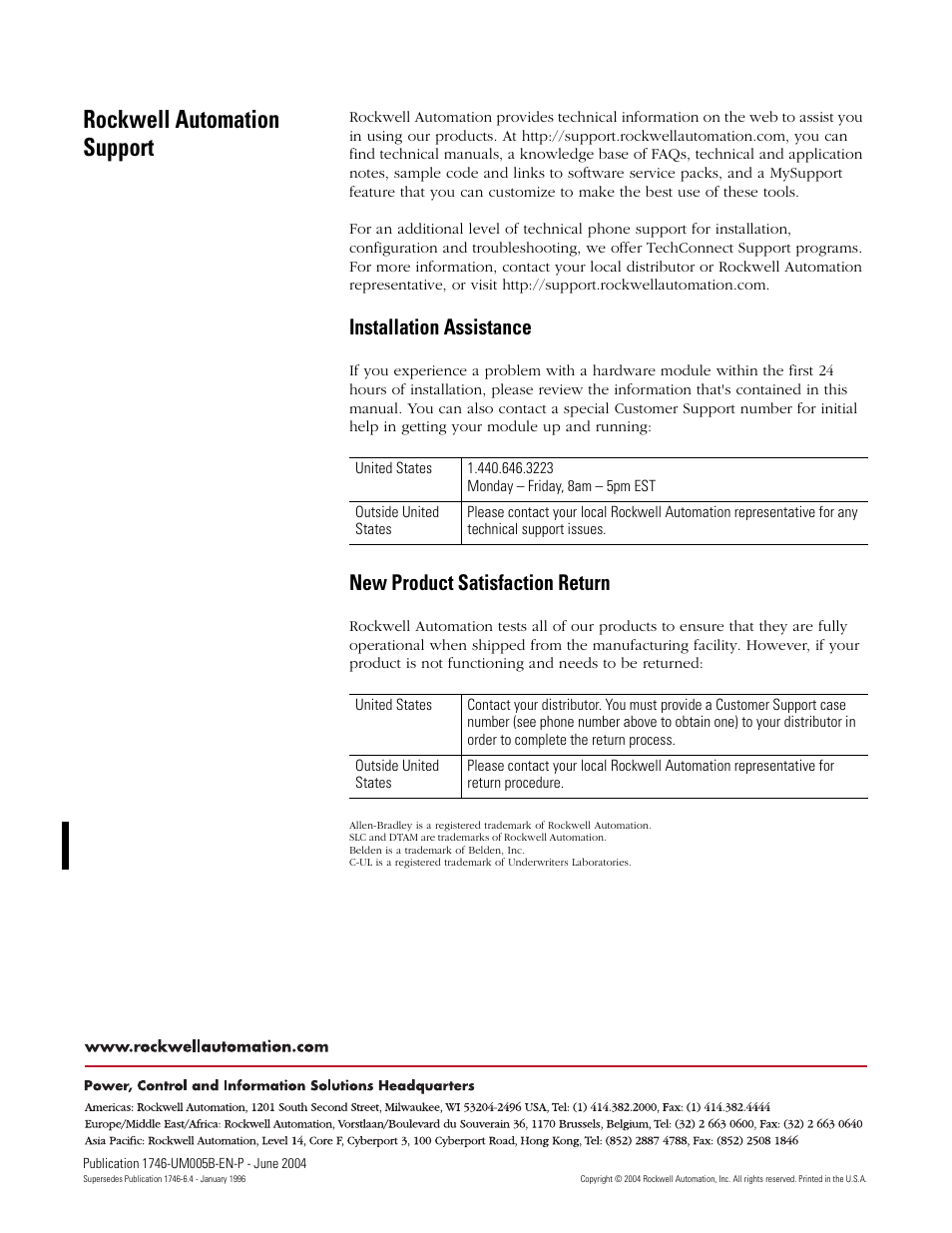 Back cover, Rockwell automation support, Installation assistance | New product satisfaction return | Rockwell Automation 1746-XXXX SLC 500 4-Channel Analog I/O Modules User Manual User Manual | Page 113 / 113