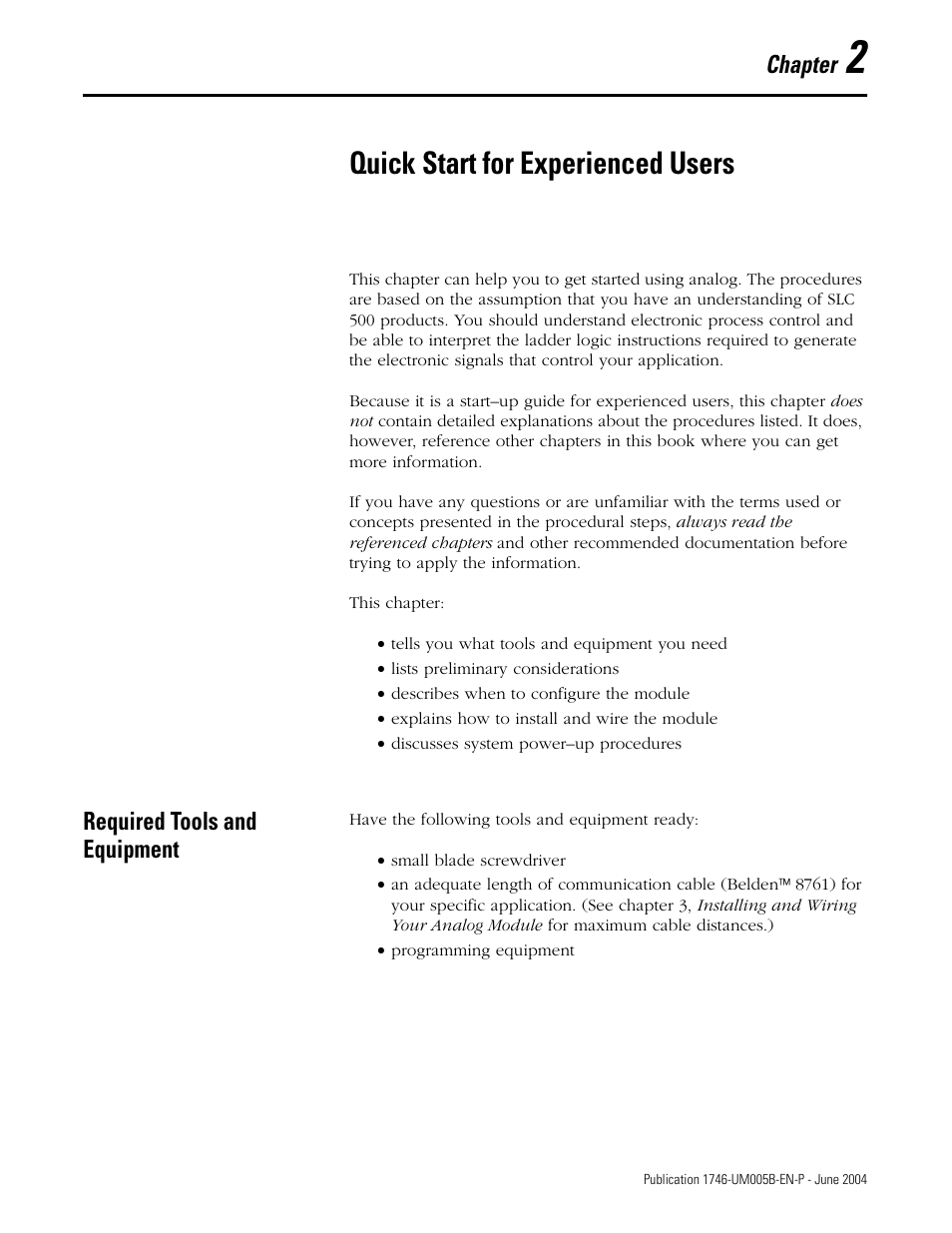 2 - quick start for experienced users, Required tools and equipment, Chapter 2 | Quick start for experienced users, Required tools and equipment -1, Chapter | Rockwell Automation 1746-XXXX SLC 500 4-Channel Analog I/O Modules User Manual User Manual | Page 15 / 113