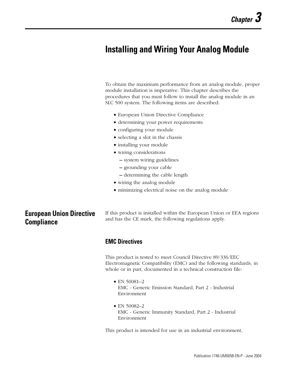 3 - installing and wiring your analog module, European union directive compliance, Chapter 3 | Installing and wiring your analog module, European union directive compliance -1, Emc directives -1, Chapter | Rockwell Automation 1746-XXXX SLC 500 4-Channel Analog I/O Modules User Manual User Manual | Page 23 / 113