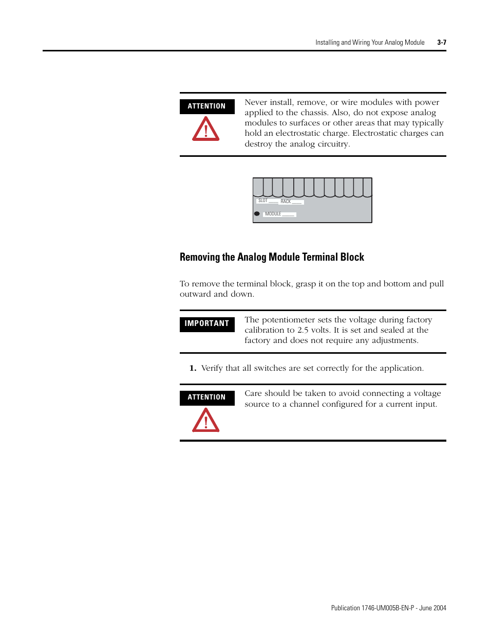 Removing the analog module terminal block -7, Removing the analog module terminal block | Rockwell Automation 1746-XXXX SLC 500 4-Channel Analog I/O Modules User Manual User Manual | Page 29 / 113