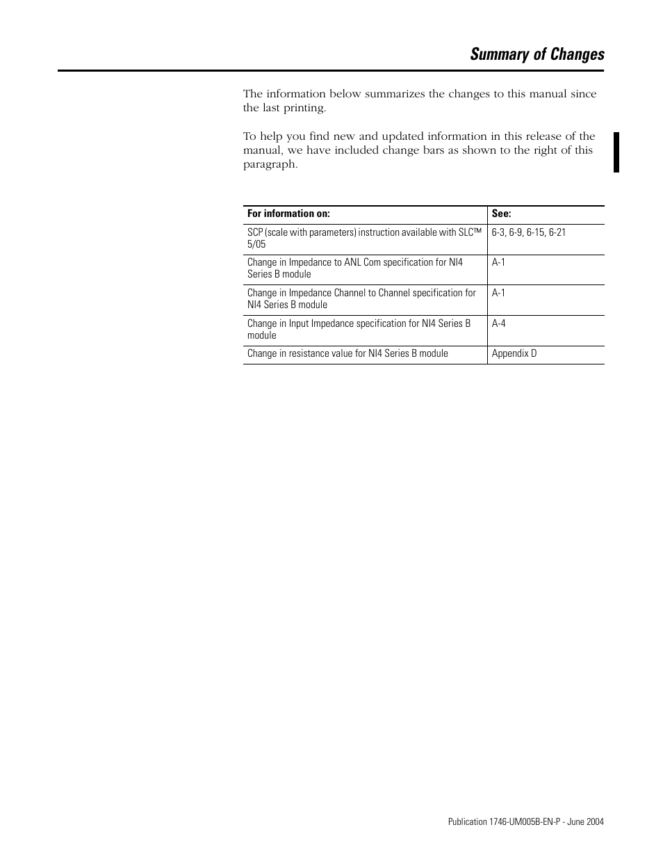 Summary of changes | Rockwell Automation 1746-XXXX SLC 500 4-Channel Analog I/O Modules User Manual User Manual | Page 3 / 113