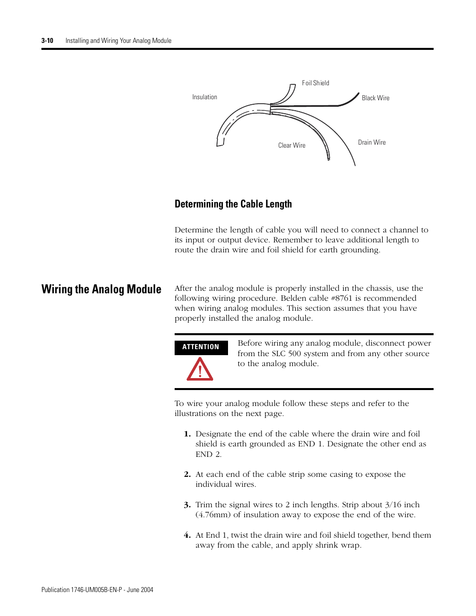 Wiring the analog module, Determining the cable length -10, Wiring the analog module -10 | Determining the cable length | Rockwell Automation 1746-XXXX SLC 500 4-Channel Analog I/O Modules User Manual User Manual | Page 32 / 113