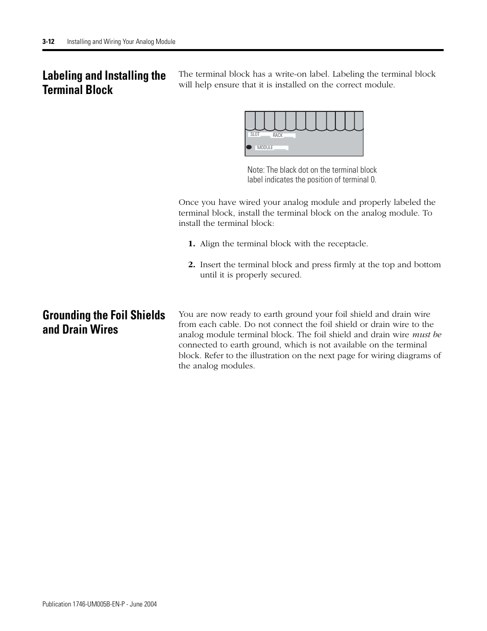 Labeling and installing the terminal block, Grounding the foil shields and drain wires | Rockwell Automation 1746-XXXX SLC 500 4-Channel Analog I/O Modules User Manual User Manual | Page 34 / 113