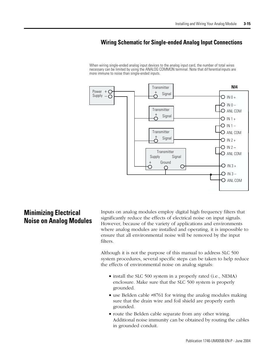 Minimizing electrical noise on analog modules, Wiring schematic for single-ended analog input, Minimizing electrical noise on analog modules -15 | Rockwell Automation 1746-XXXX SLC 500 4-Channel Analog I/O Modules User Manual User Manual | Page 37 / 113