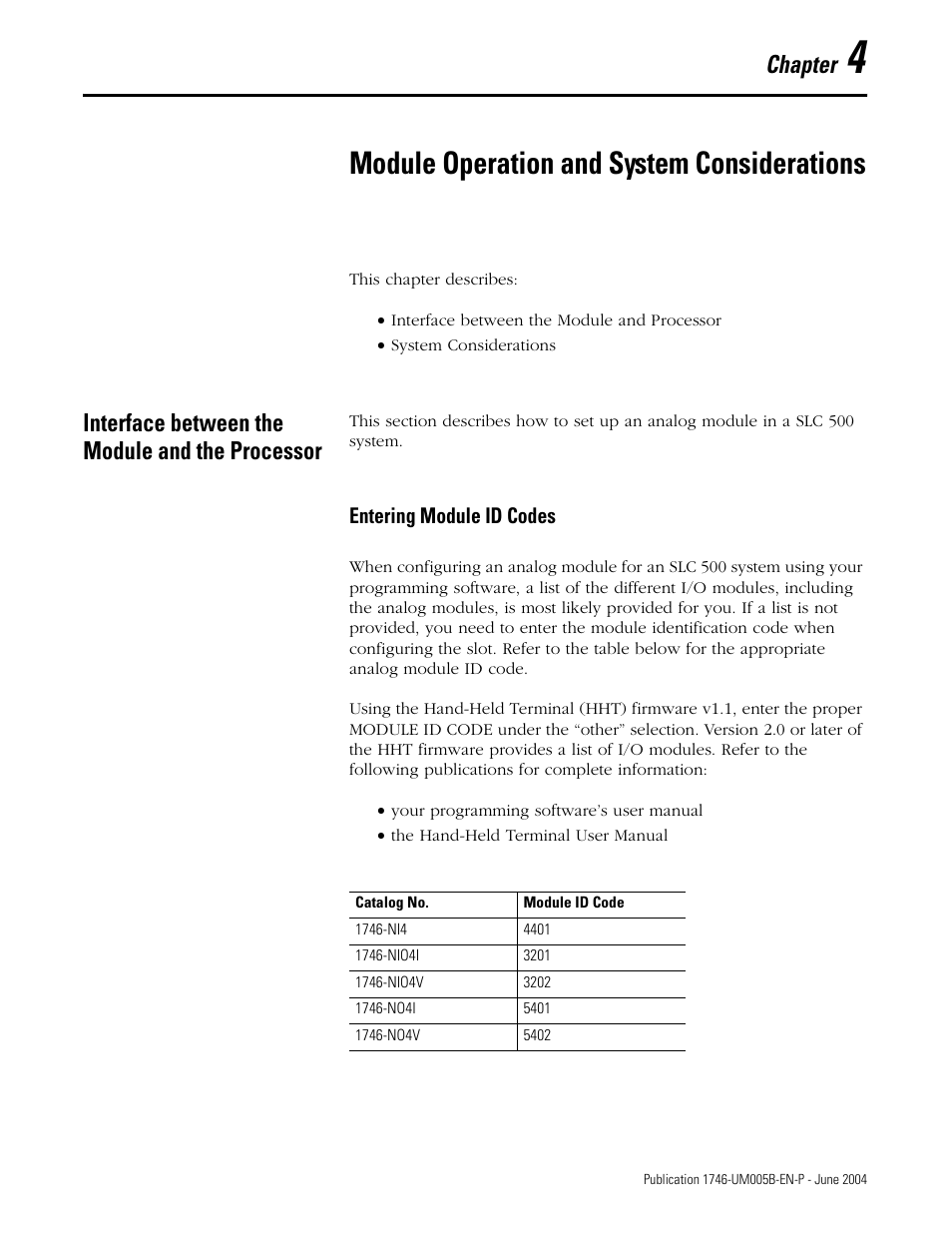 4 - module operation and system considerations, Interface between the module and the processor, Chapter 4 | Module operation and system considerations, Interface between the module and the processor -1, Entering module id codes -1, Chapter | Rockwell Automation 1746-XXXX SLC 500 4-Channel Analog I/O Modules User Manual User Manual | Page 39 / 113