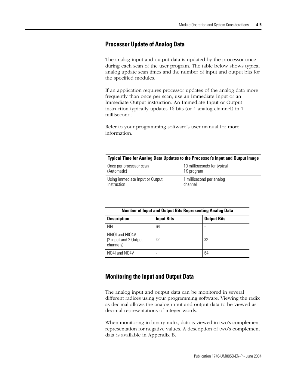 Processor update of analog data, Monitoring the input and output data | Rockwell Automation 1746-XXXX SLC 500 4-Channel Analog I/O Modules User Manual User Manual | Page 43 / 113