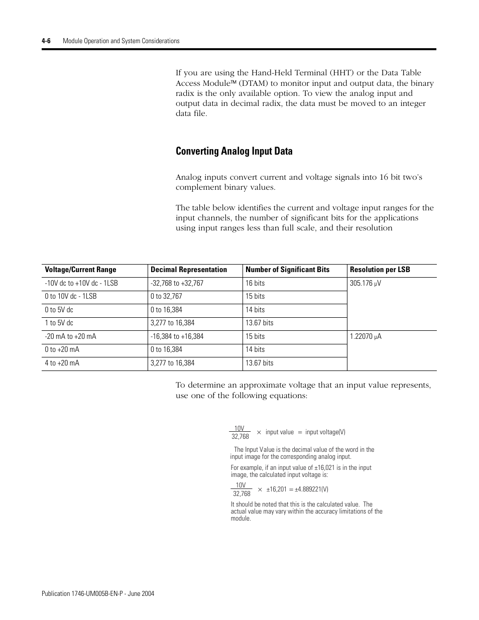 Converting analog input data -6, Converting analog input data | Rockwell Automation 1746-XXXX SLC 500 4-Channel Analog I/O Modules User Manual User Manual | Page 44 / 113