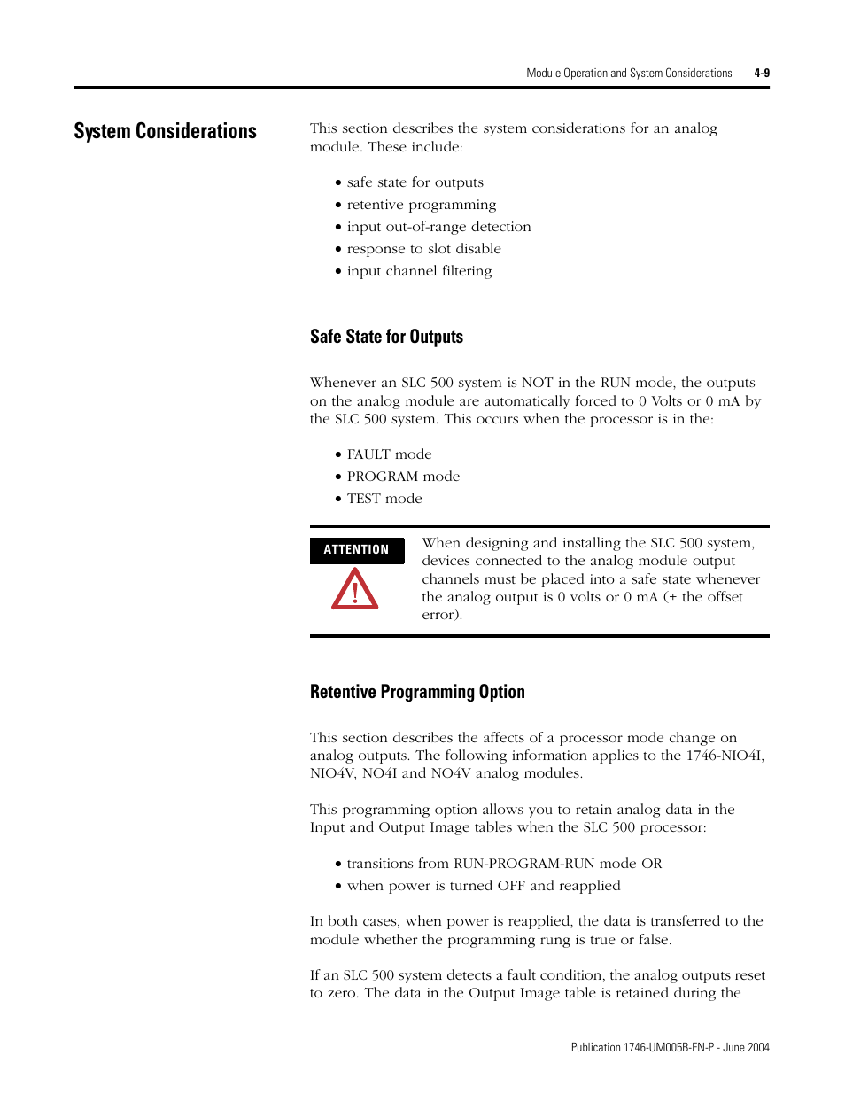 System considerations, System considerations -9, Safe state for outputs | Retentive programming option | Rockwell Automation 1746-XXXX SLC 500 4-Channel Analog I/O Modules User Manual User Manual | Page 47 / 113