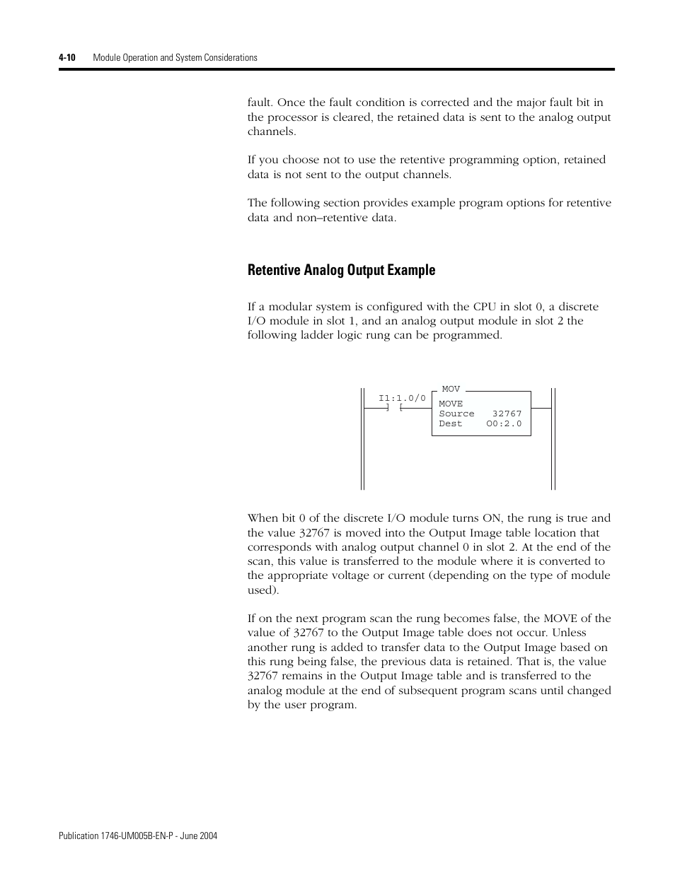 Retentive analog output example -10, Retentive analog output example | Rockwell Automation 1746-XXXX SLC 500 4-Channel Analog I/O Modules User Manual User Manual | Page 48 / 113