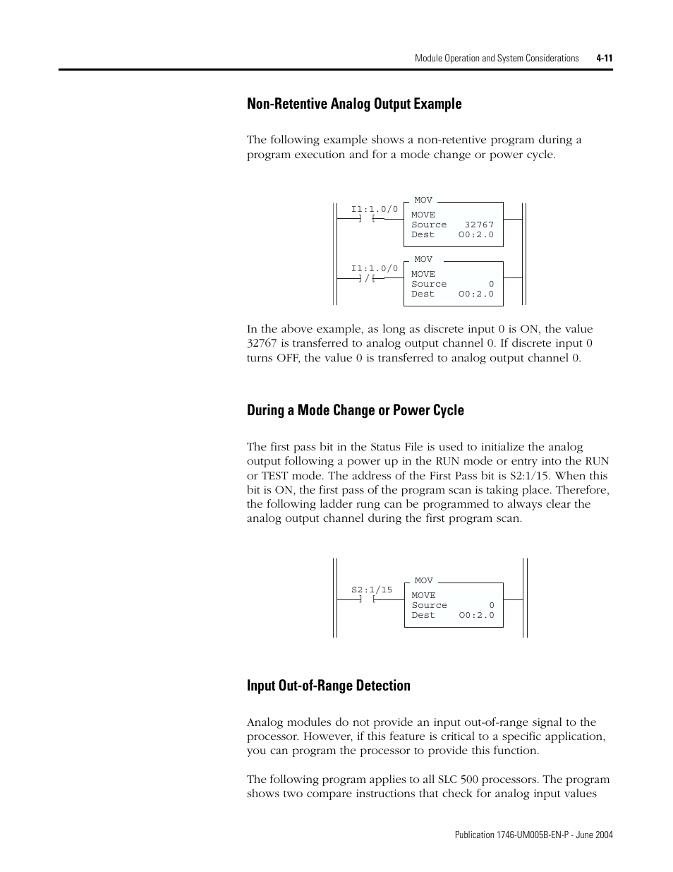 Non-retentive analog output example, During a mode change or power cycle, Input out-of-range detection | Rockwell Automation 1746-XXXX SLC 500 4-Channel Analog I/O Modules User Manual User Manual | Page 49 / 113