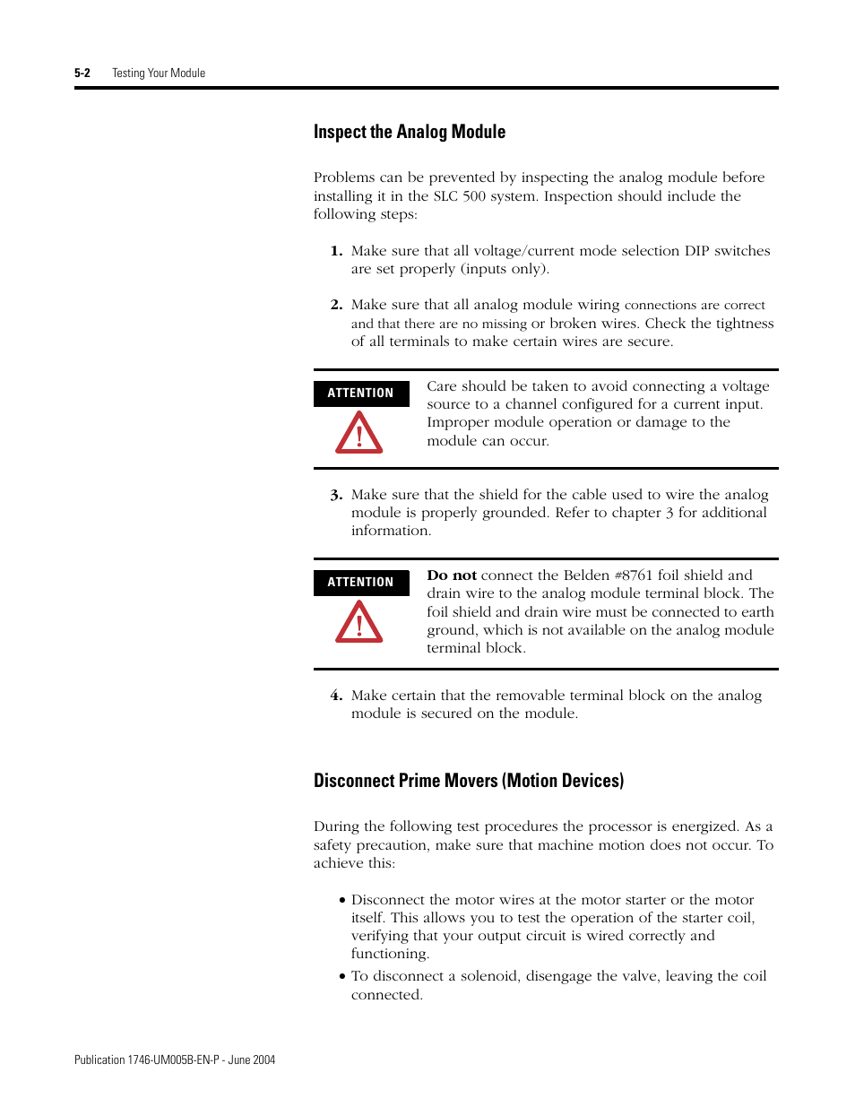 Inspect the analog module, Disconnect prime movers (motion devices) | Rockwell Automation 1746-XXXX SLC 500 4-Channel Analog I/O Modules User Manual User Manual | Page 56 / 113