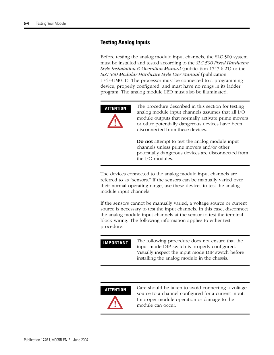 Testing analog inputs -4, Testing analog inputs | Rockwell Automation 1746-XXXX SLC 500 4-Channel Analog I/O Modules User Manual User Manual | Page 58 / 113