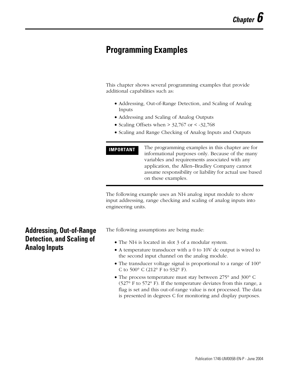 6 - programming examples, Chapter 6, Programming examples | Chapter | Rockwell Automation 1746-XXXX SLC 500 4-Channel Analog I/O Modules User Manual User Manual | Page 63 / 113