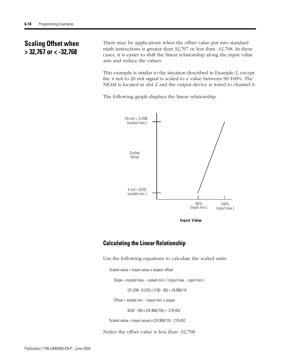 Scaling offset when > 32,767 or < -32,768, Scaling offset when > 32,767 or < -32,768 -14, Calculating the linear relationship -14 | Calculating the linear relationship | Rockwell Automation 1746-XXXX SLC 500 4-Channel Analog I/O Modules User Manual User Manual | Page 76 / 113