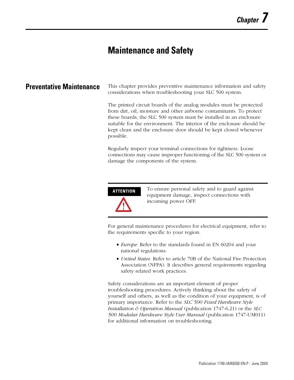 7 - maintenance and safety, Preventative maintenance, Chapter 7 | Maintenance and safety, Preventative maintenance -1, Chapter | Rockwell Automation 1746-XXXX SLC 500 4-Channel Analog I/O Modules User Manual User Manual | Page 89 / 113