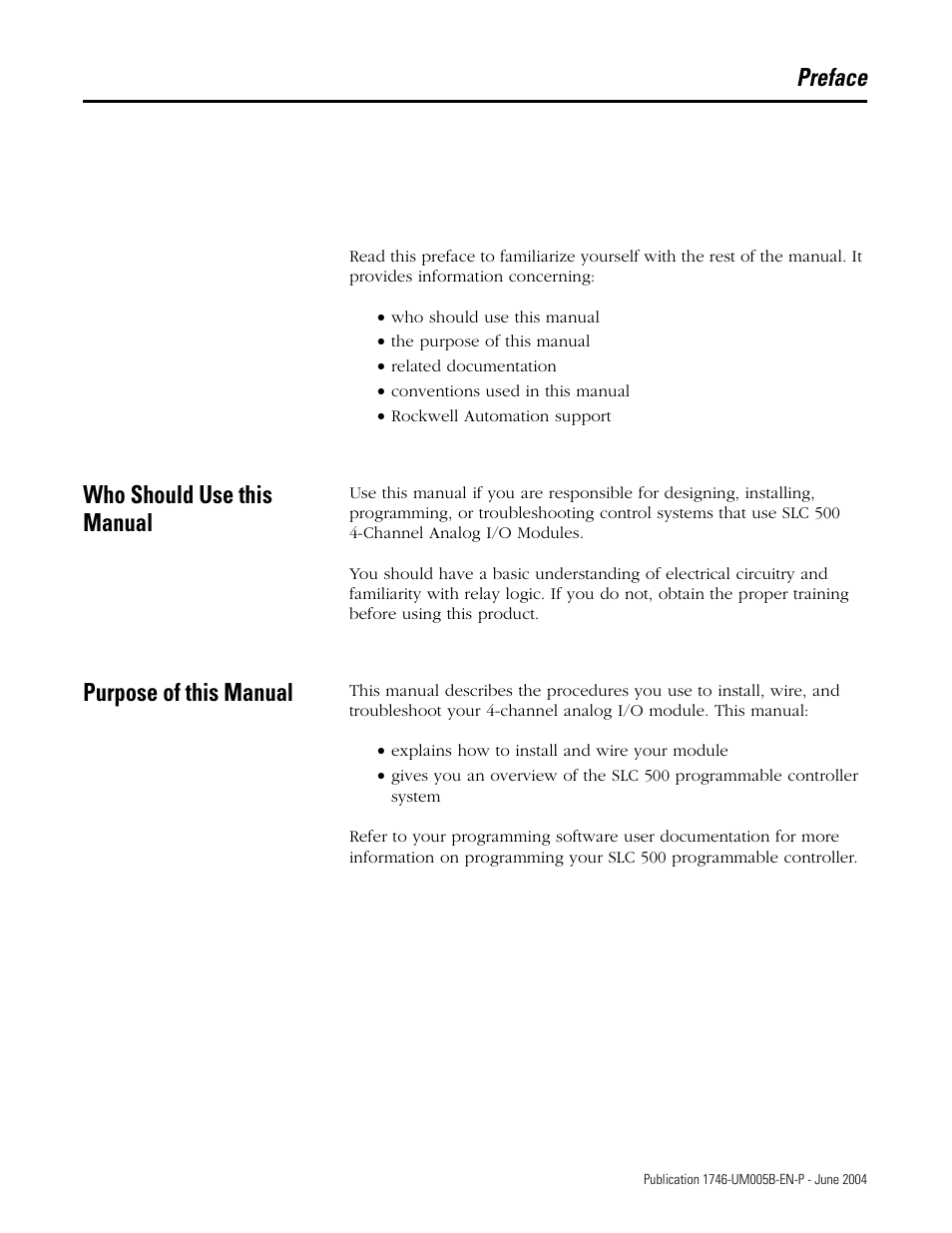 Preface, Who should use this manual, Purpose of this manual | Rockwell Automation 1746-XXXX SLC 500 4-Channel Analog I/O Modules User Manual User Manual | Page 9 / 113