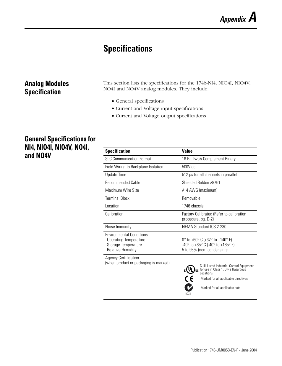 A - specifications, Analog modules specification, Appendix a | Specifications, Appendix | Rockwell Automation 1746-XXXX SLC 500 4-Channel Analog I/O Modules User Manual User Manual | Page 91 / 113