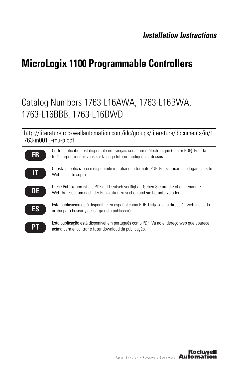 Rockwell Automation 1763-L16xxx MicroLogix 1100 Programmable Controllers Installation Instructions User Manual | 36 pages
