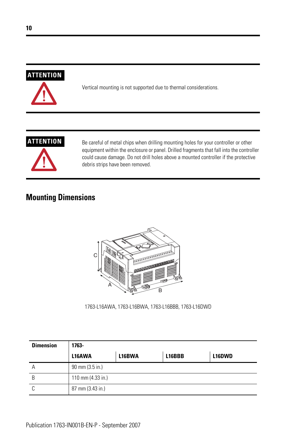 Mounting dimensions | Rockwell Automation 1763-L16xxx MicroLogix 1100 Programmable Controllers Installation Instructions User Manual | Page 10 / 36