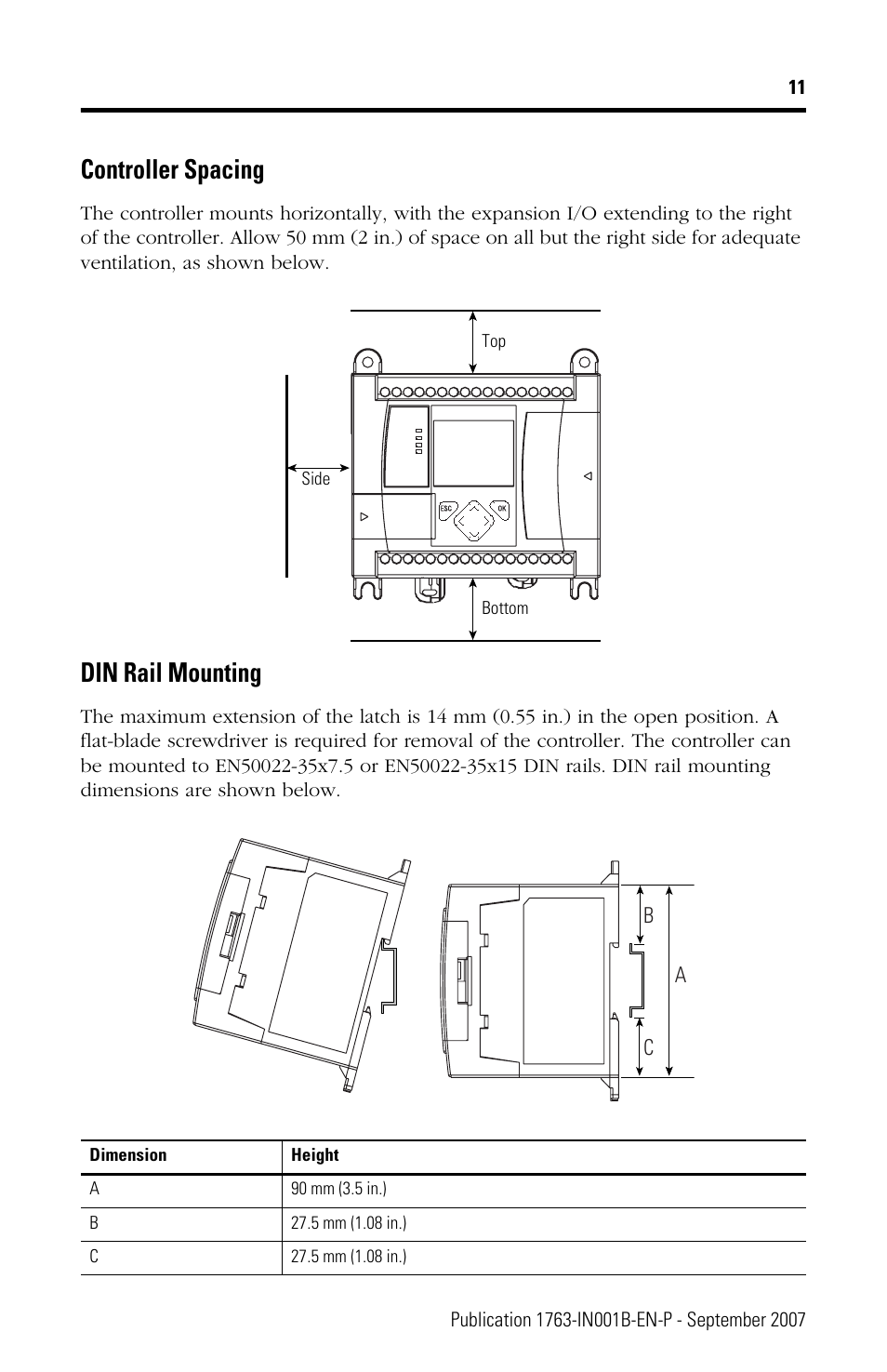 Controller spacing, Din rail mounting | Rockwell Automation 1763-L16xxx MicroLogix 1100 Programmable Controllers Installation Instructions User Manual | Page 11 / 36