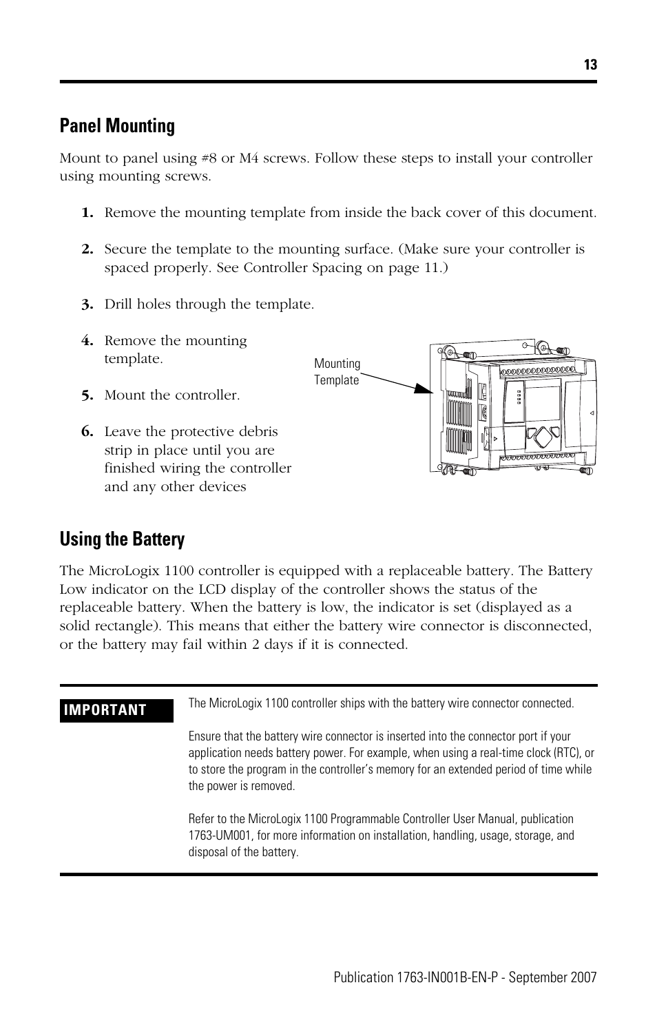 Panel mounting, Using the battery | Rockwell Automation 1763-L16xxx MicroLogix 1100 Programmable Controllers Installation Instructions User Manual | Page 13 / 36