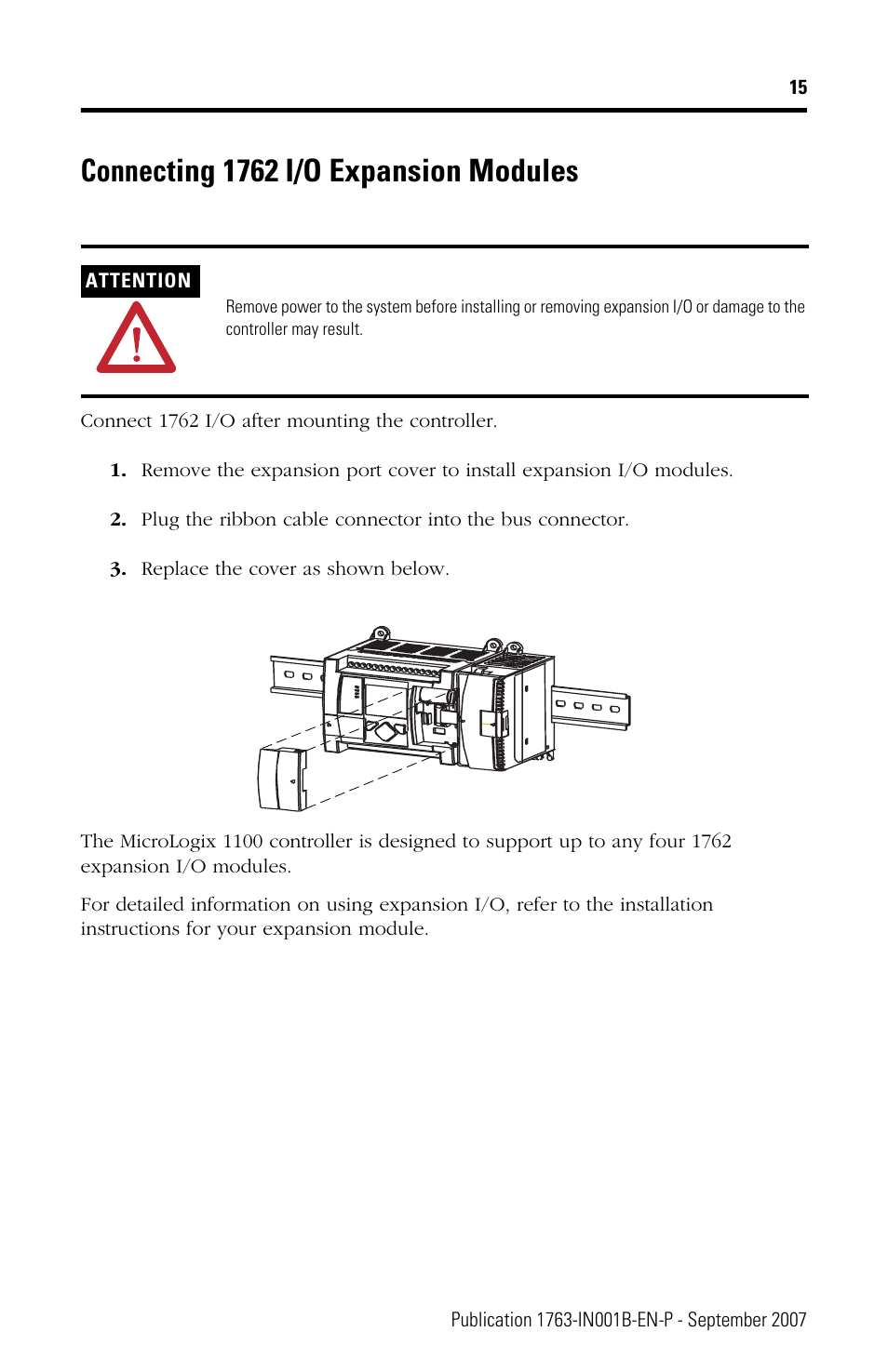 Connecting 1762 i/o expansion modules | Rockwell Automation 1763-L16xxx MicroLogix 1100 Programmable Controllers Installation Instructions User Manual | Page 15 / 36