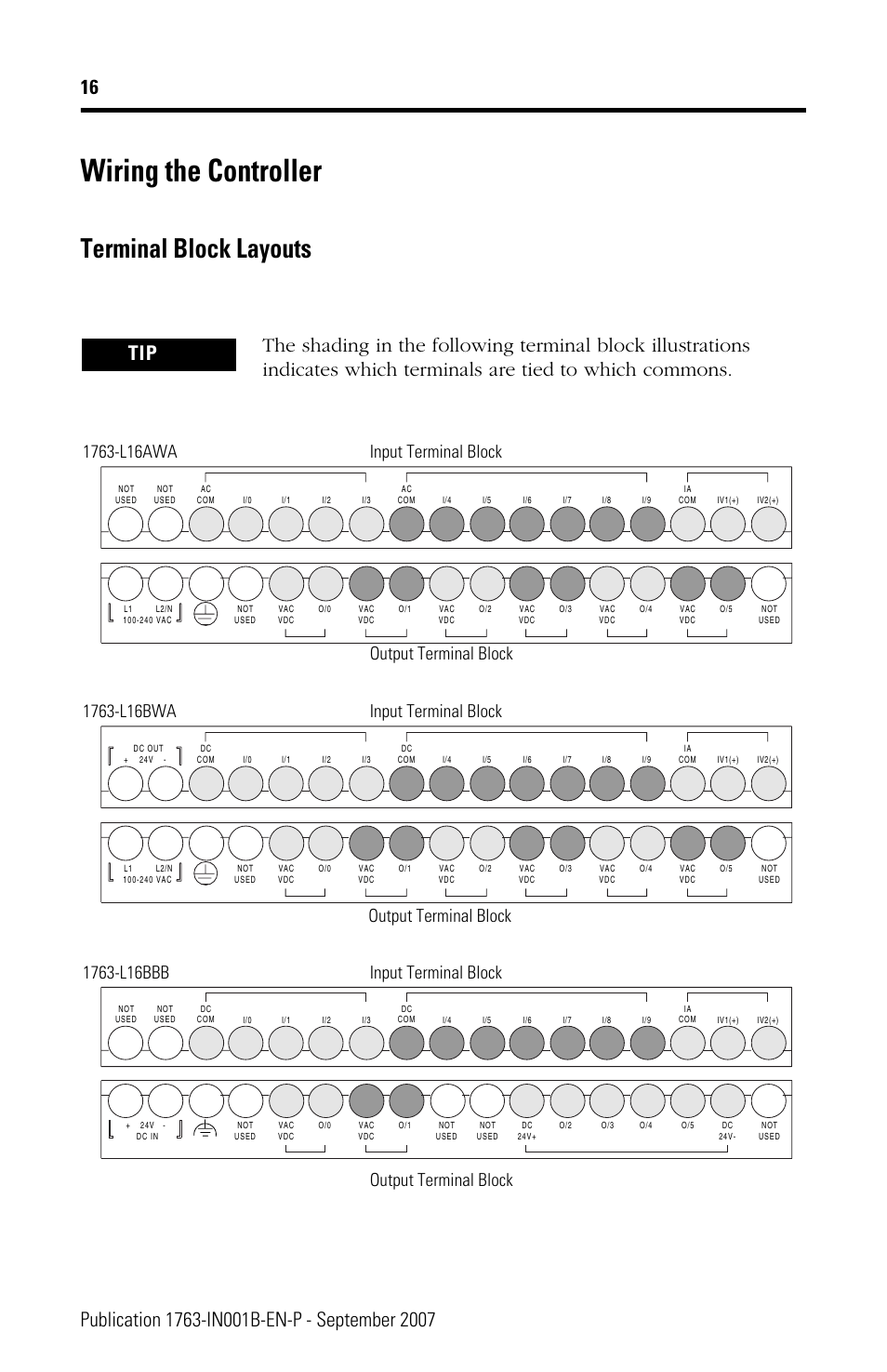 Wiring the controller, Terminal block layouts | Rockwell Automation 1763-L16xxx MicroLogix 1100 Programmable Controllers Installation Instructions User Manual | Page 16 / 36
