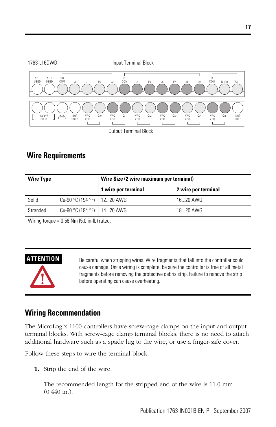 Wire requirements wiring recommendation, Attention | Rockwell Automation 1763-L16xxx MicroLogix 1100 Programmable Controllers Installation Instructions User Manual | Page 17 / 36