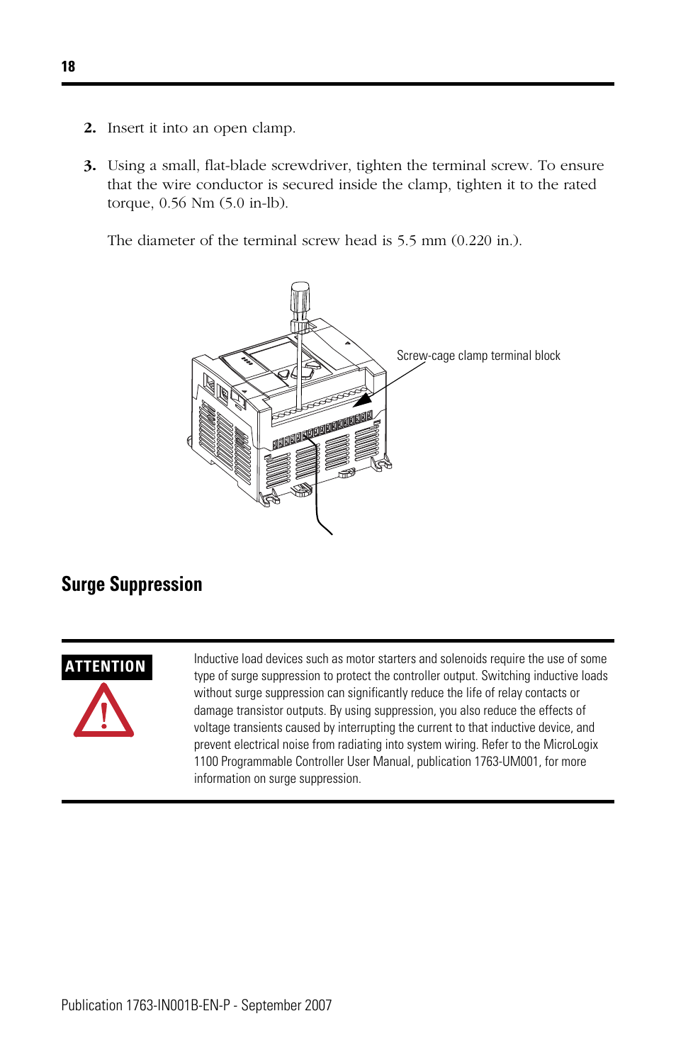 Surge suppression | Rockwell Automation 1763-L16xxx MicroLogix 1100 Programmable Controllers Installation Instructions User Manual | Page 18 / 36