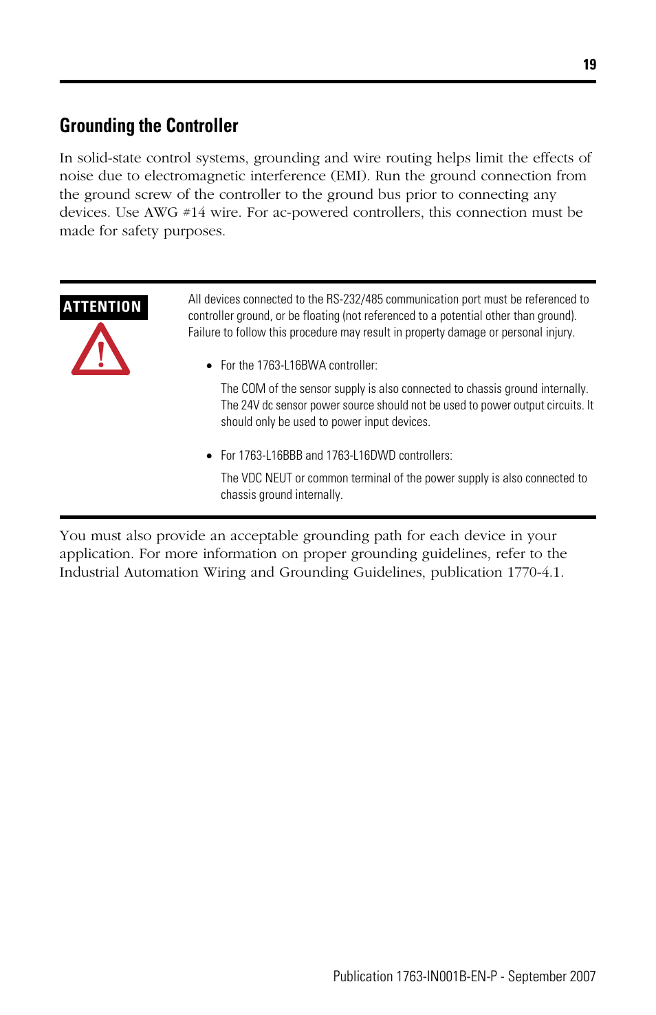 Grounding the controller | Rockwell Automation 1763-L16xxx MicroLogix 1100 Programmable Controllers Installation Instructions User Manual | Page 19 / 36