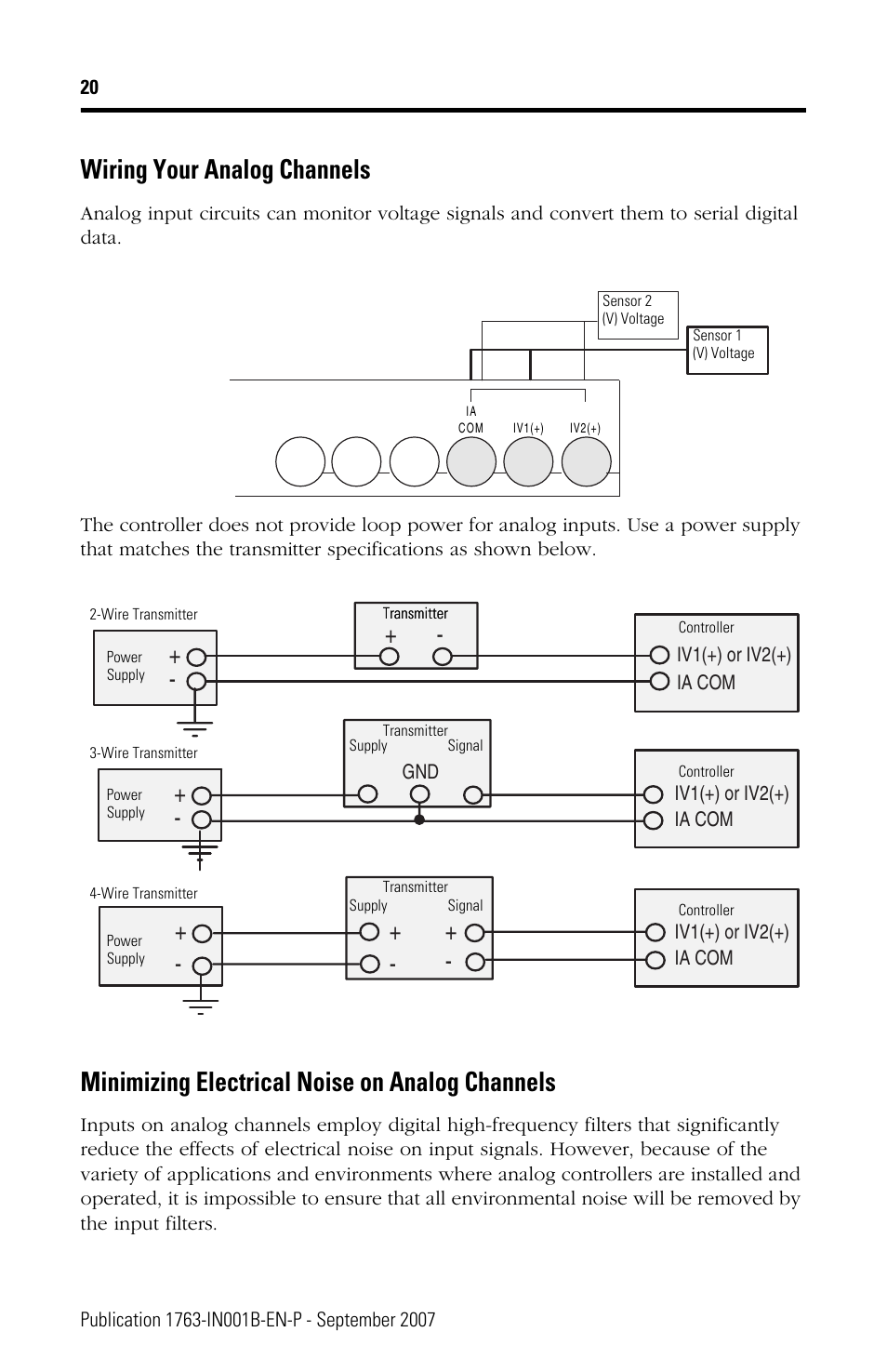 Wiring your analog channels, Minimizing electrical noise on analog channels | Rockwell Automation 1763-L16xxx MicroLogix 1100 Programmable Controllers Installation Instructions User Manual | Page 20 / 36