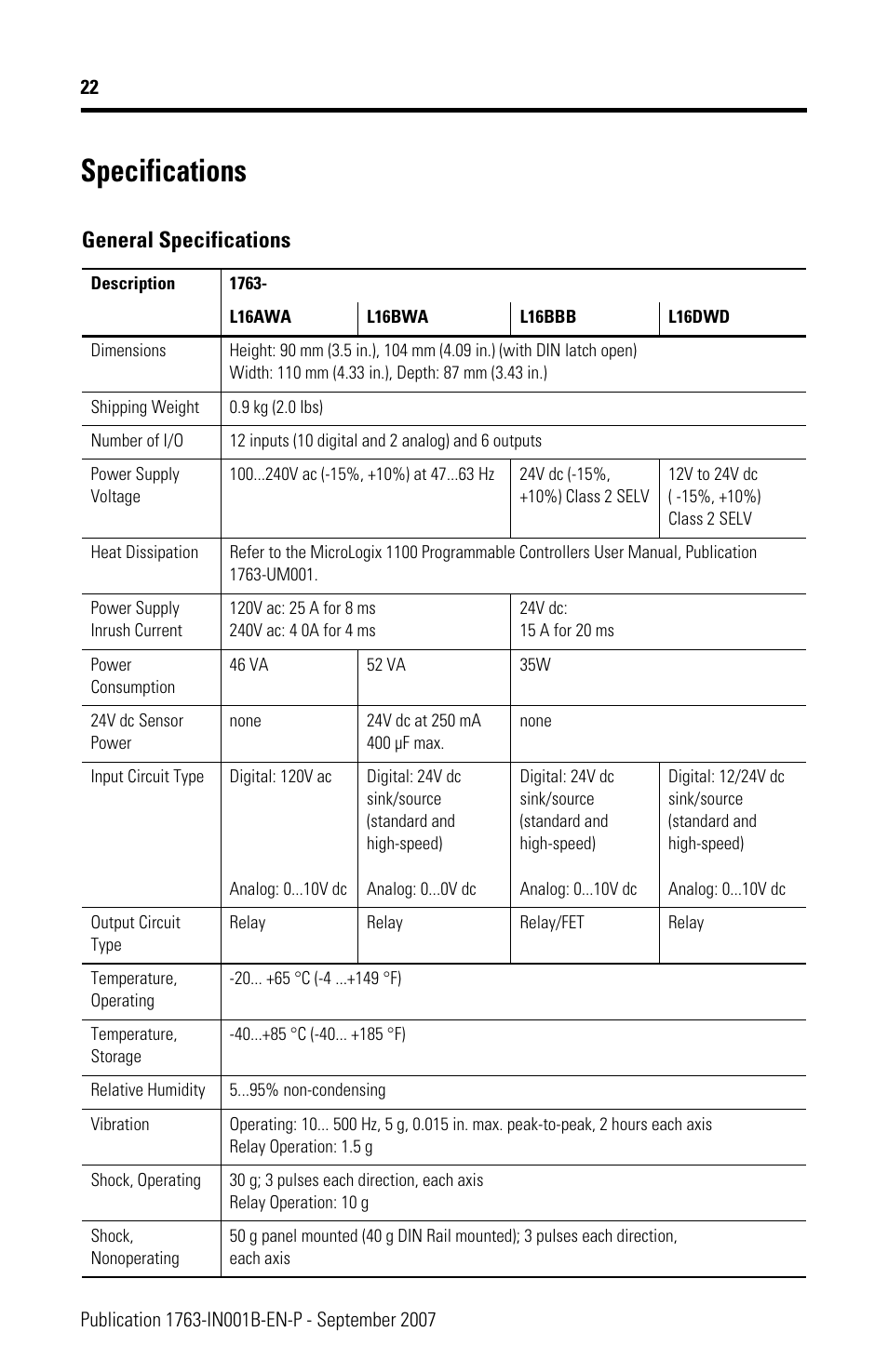 Specifications, General specifications | Rockwell Automation 1763-L16xxx MicroLogix 1100 Programmable Controllers Installation Instructions User Manual | Page 22 / 36