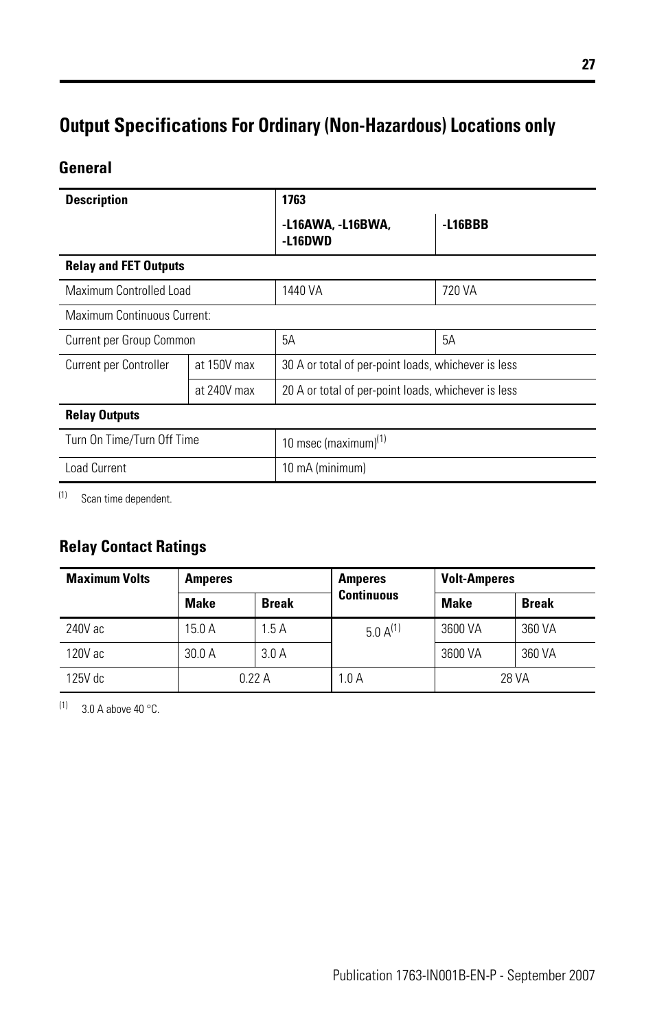 General, Relay contact ratings | Rockwell Automation 1763-L16xxx MicroLogix 1100 Programmable Controllers Installation Instructions User Manual | Page 27 / 36