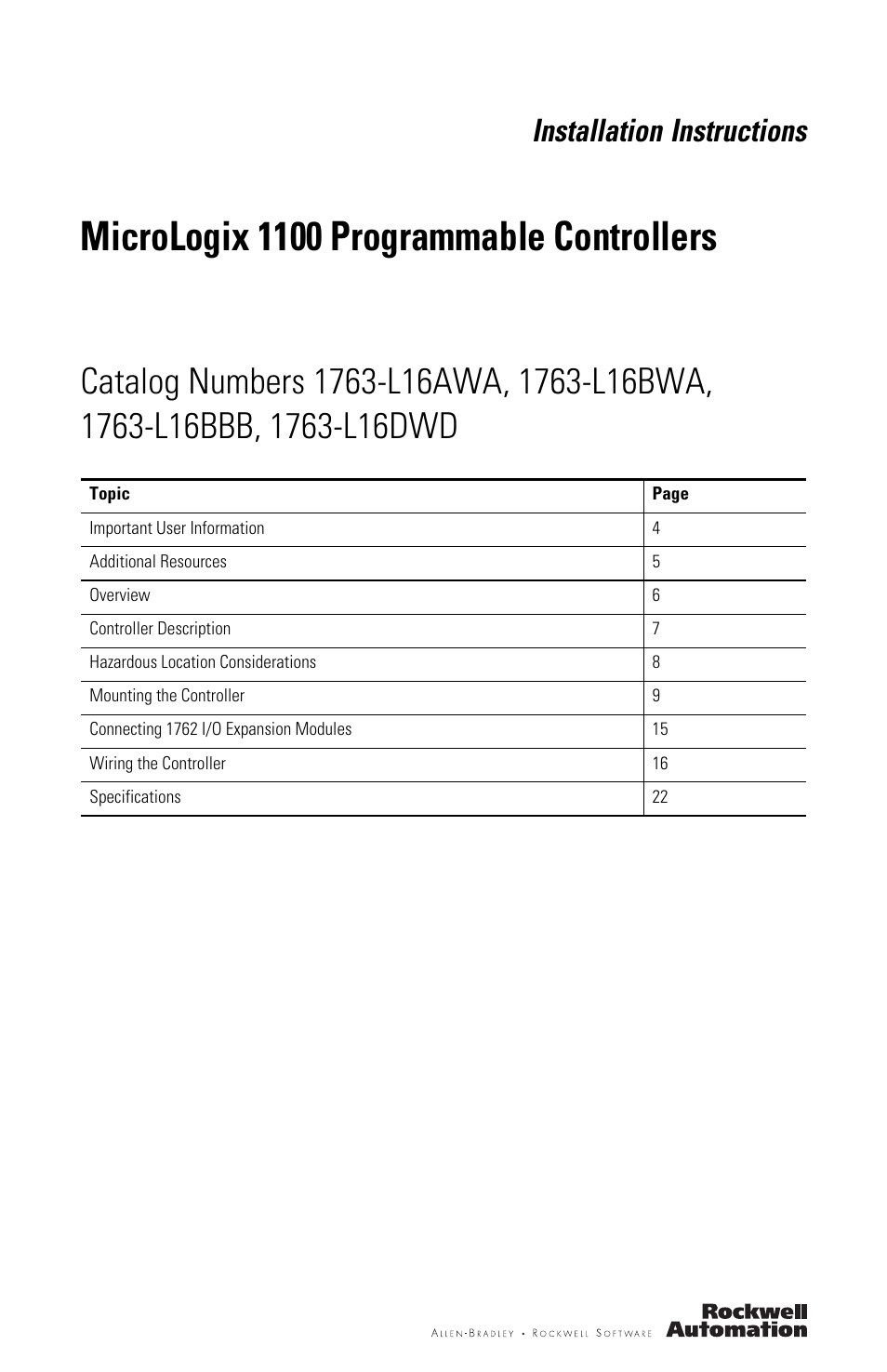 Micrologix 1100 programmable controllers, Installation instructions | Rockwell Automation 1763-L16xxx MicroLogix 1100 Programmable Controllers Installation Instructions User Manual | Page 3 / 36