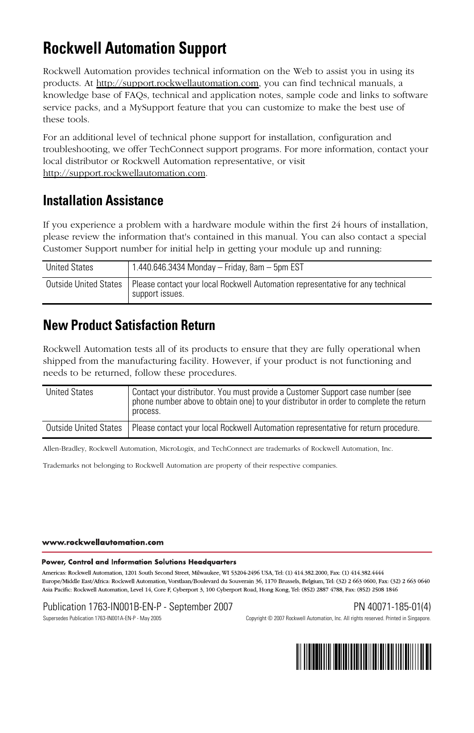 Rockwell automation support, Installation assistance, New product satisfaction return | Rockwell Automation 1763-L16xxx MicroLogix 1100 Programmable Controllers Installation Instructions User Manual | Page 36 / 36