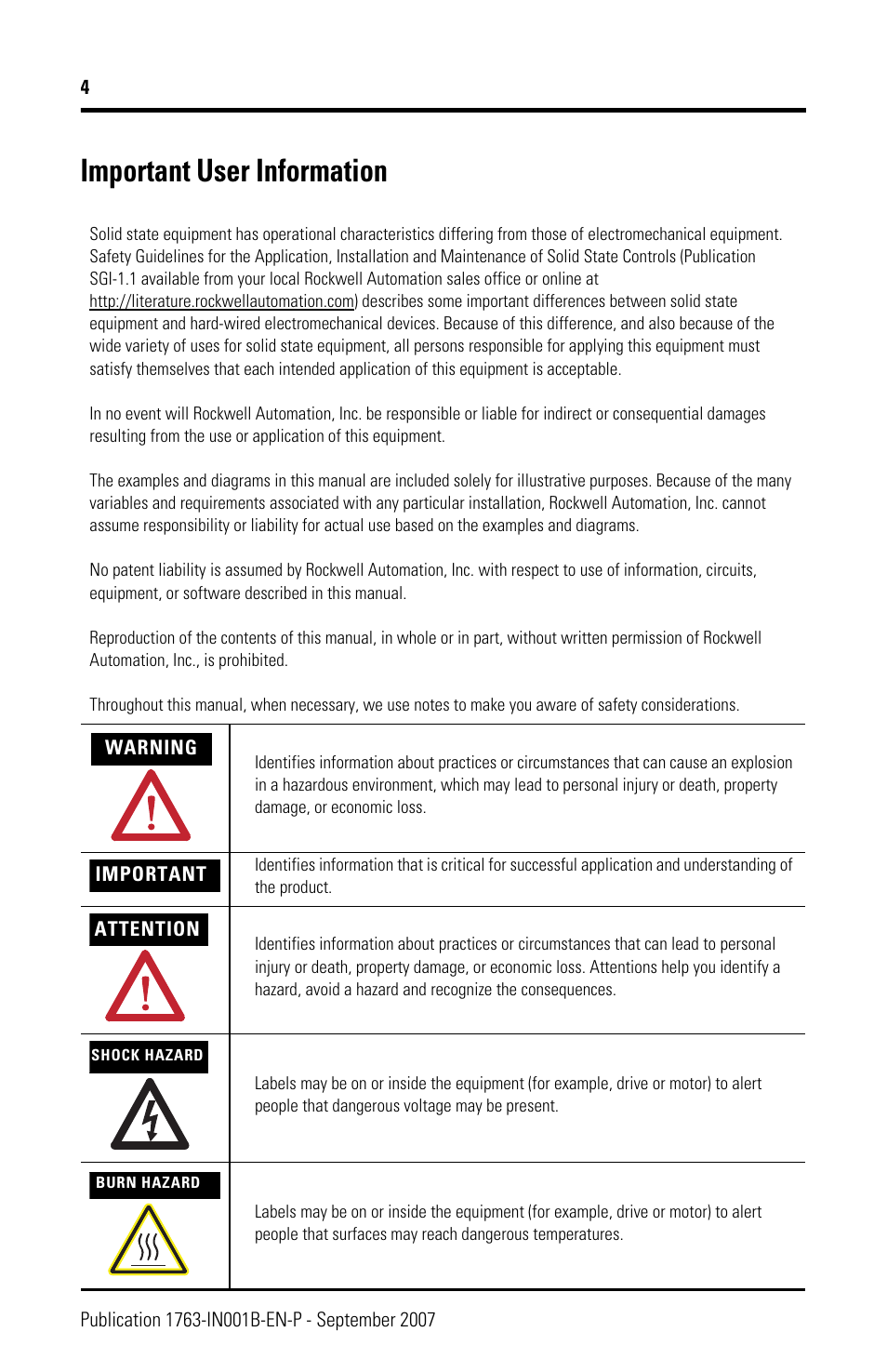 Important user information | Rockwell Automation 1763-L16xxx MicroLogix 1100 Programmable Controllers Installation Instructions User Manual | Page 4 / 36