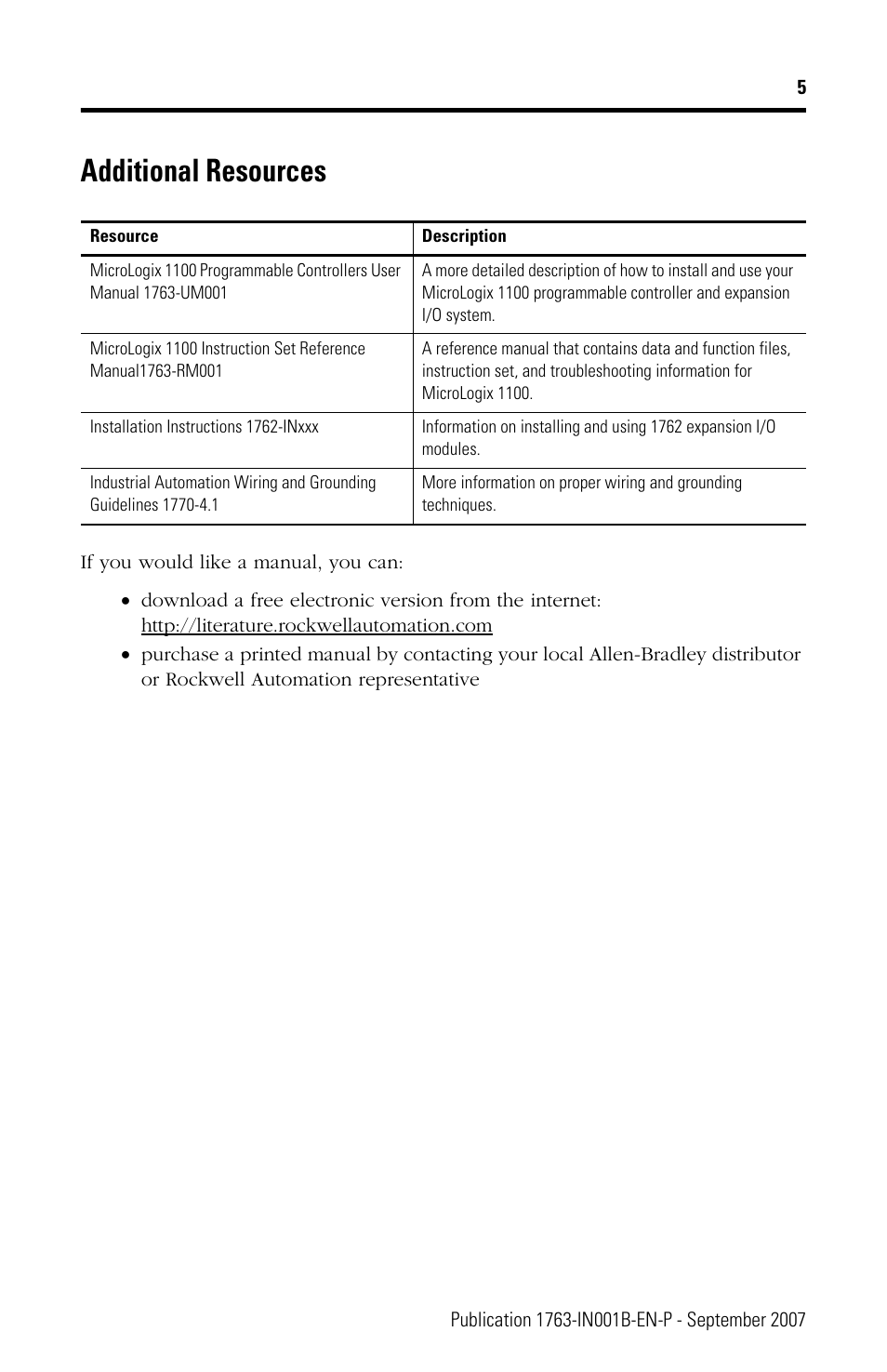Additional resources | Rockwell Automation 1763-L16xxx MicroLogix 1100 Programmable Controllers Installation Instructions User Manual | Page 5 / 36