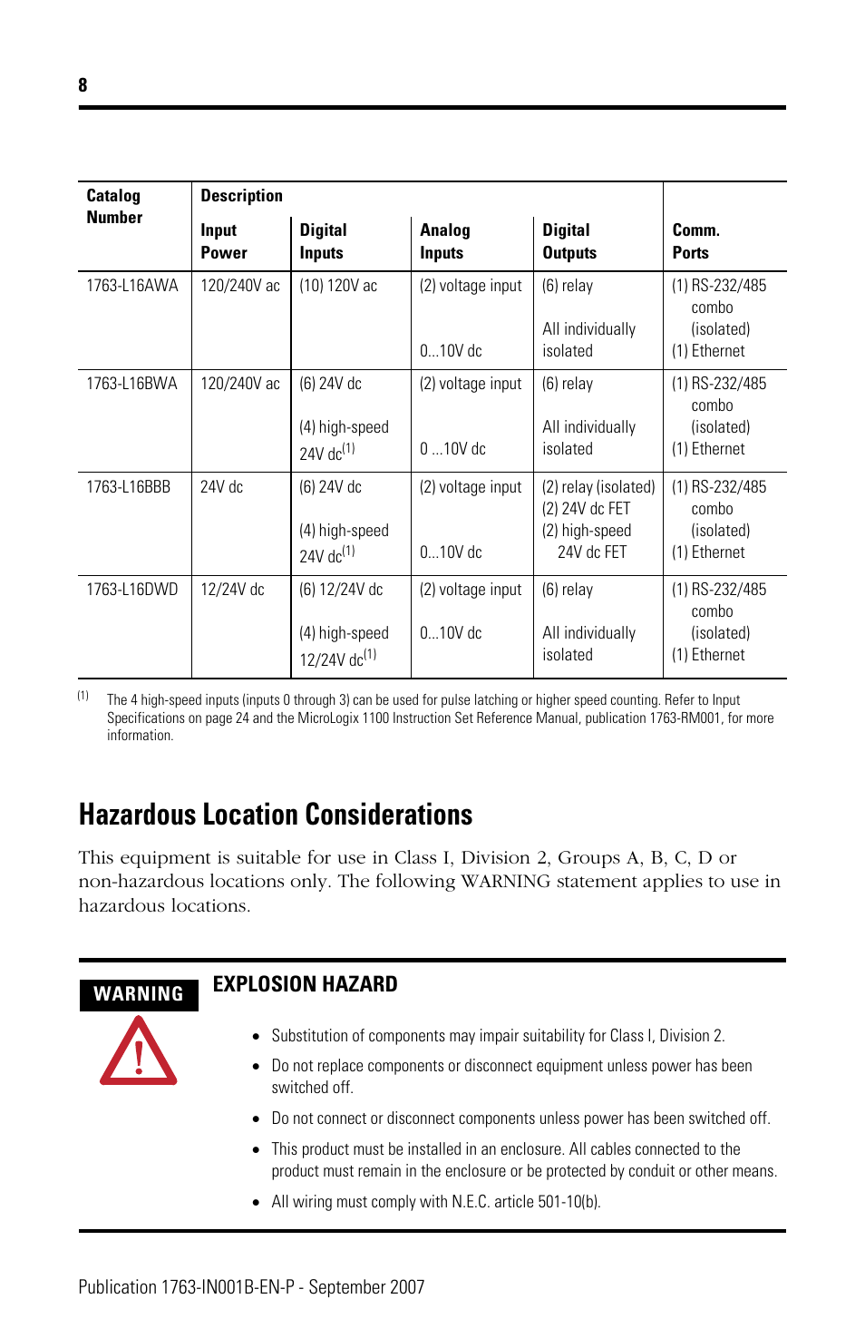 Hazardous location considerations, Explosion hazard | Rockwell Automation 1763-L16xxx MicroLogix 1100 Programmable Controllers Installation Instructions User Manual | Page 8 / 36