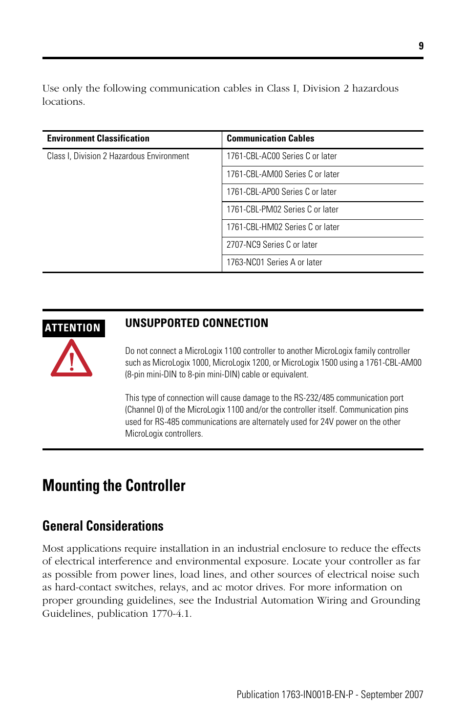 Mounting the controller, General considerations | Rockwell Automation 1763-L16xxx MicroLogix 1100 Programmable Controllers Installation Instructions User Manual | Page 9 / 36