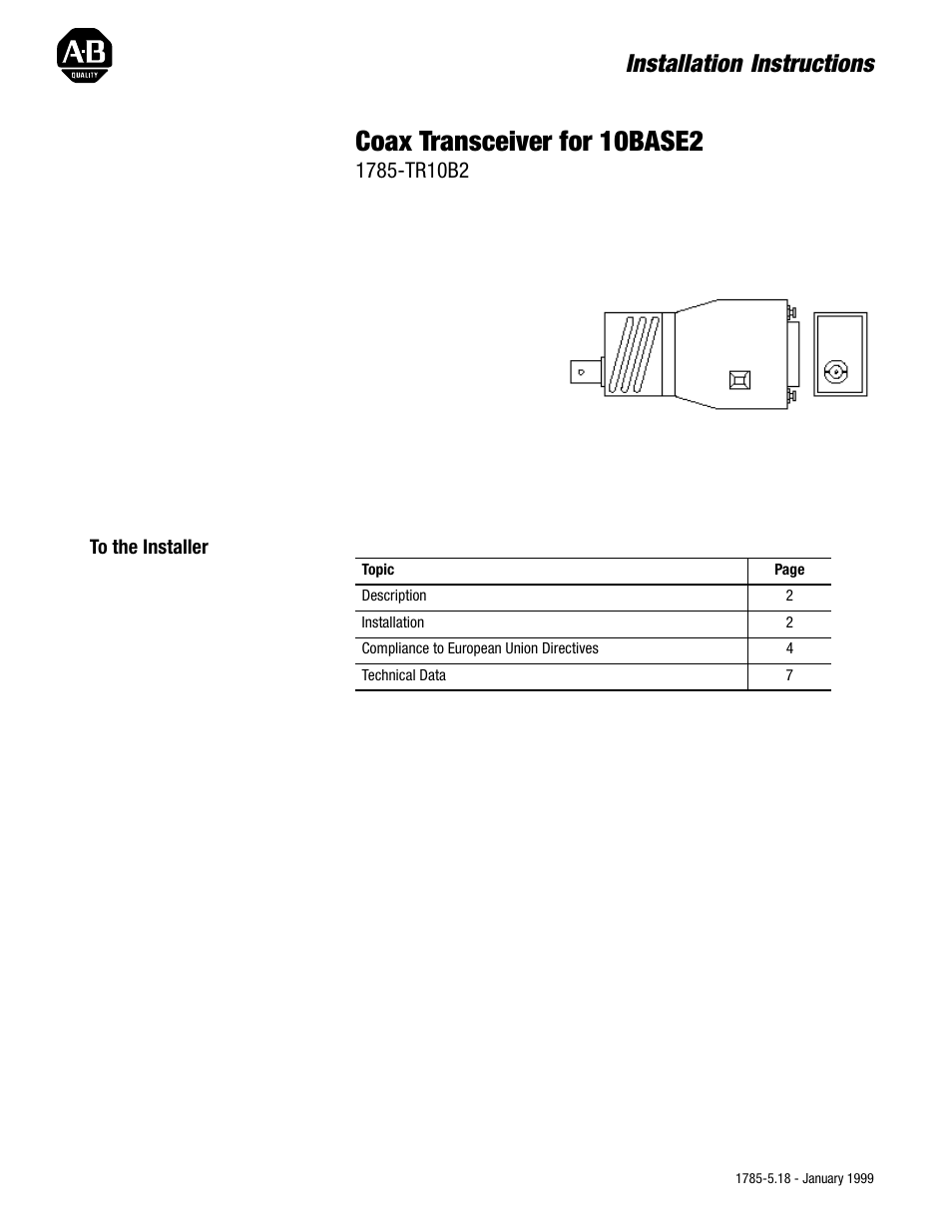Rockwell Automation 1785-TR10B2 Coax Transceiver for 10BASE2 Installation Instructions User Manual | 8 pages