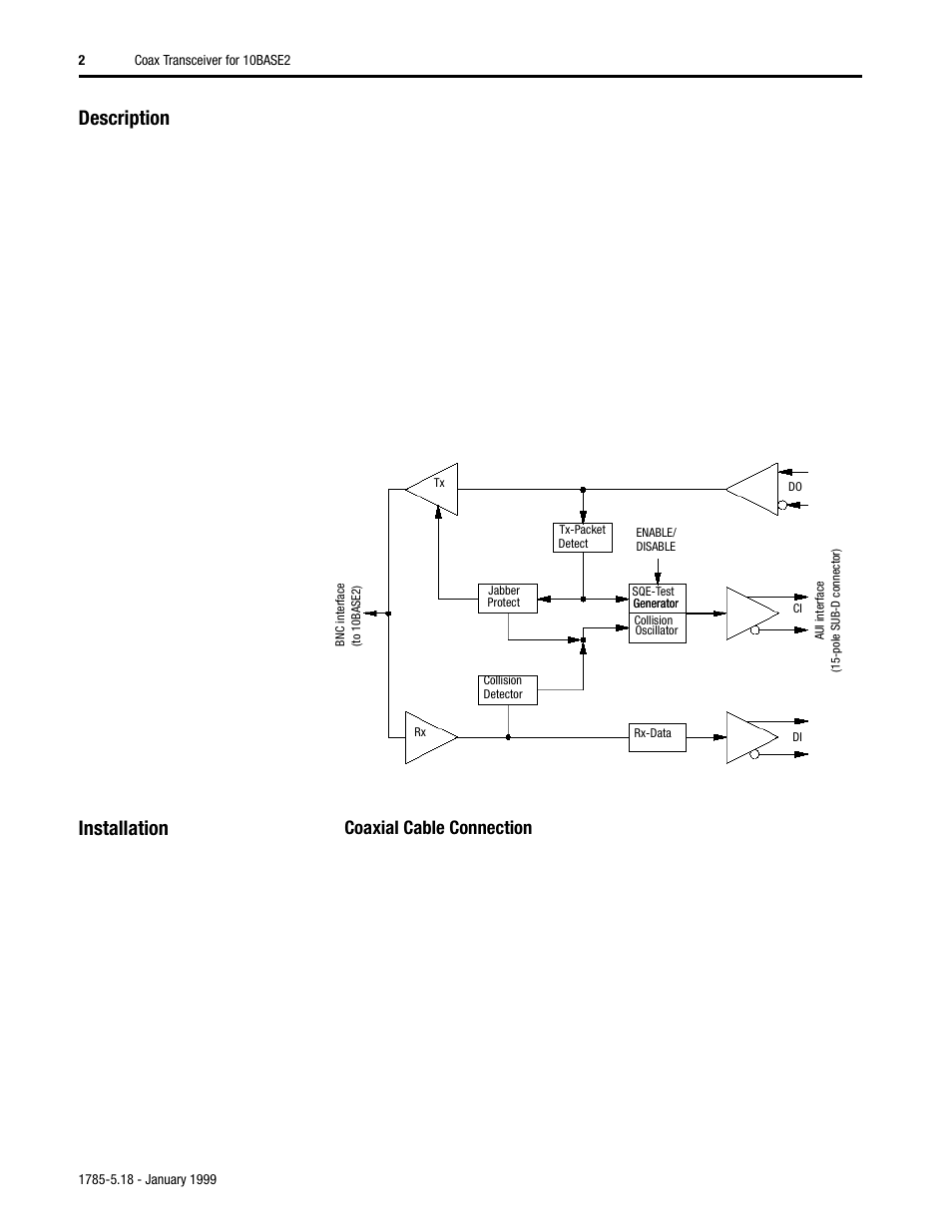 Description, Installation, Coaxial cable connection | Rockwell Automation 1785-TR10B2 Coax Transceiver for 10BASE2 Installation Instructions User Manual | Page 2 / 8