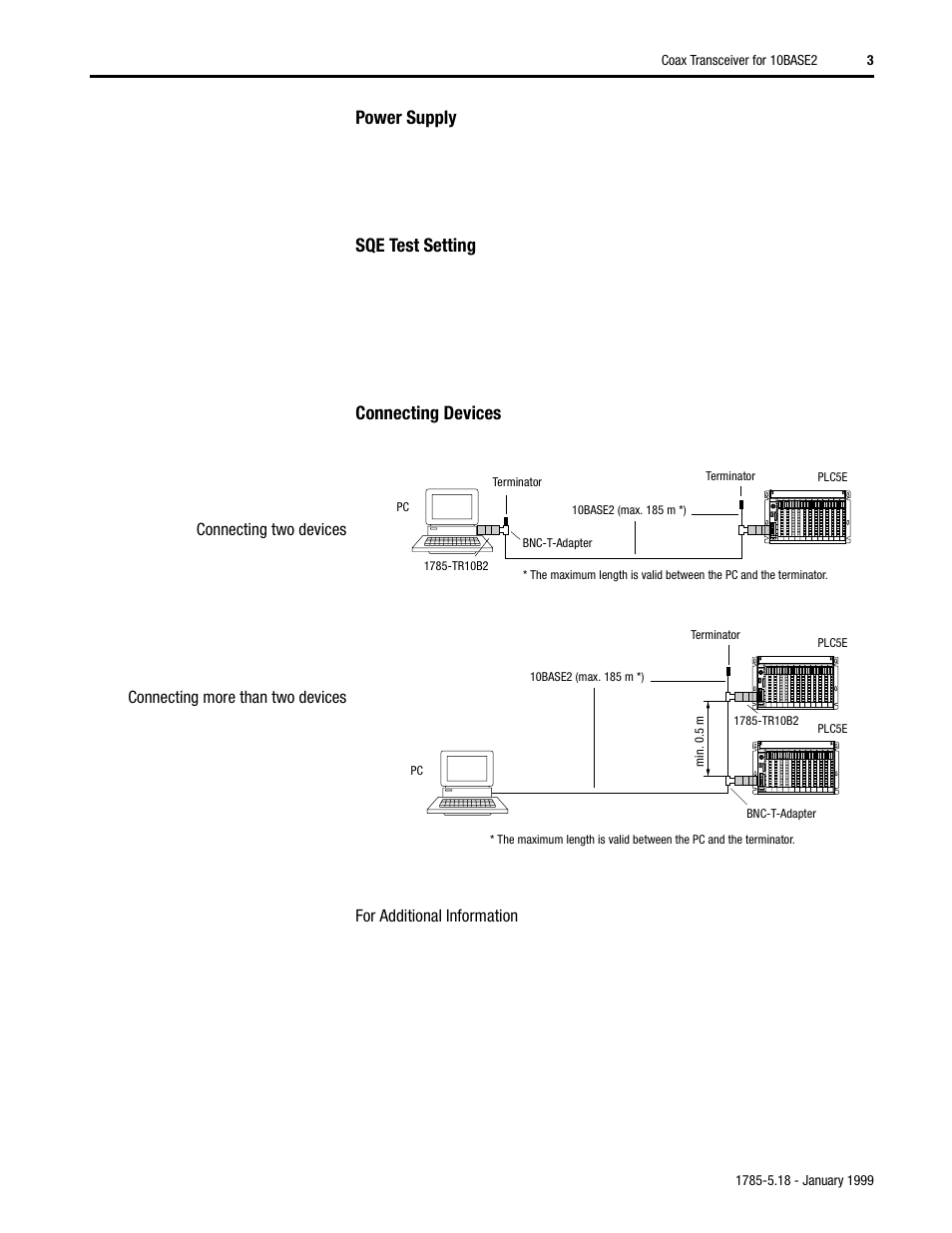 Power supply, Sqe test setting, Connecting devices | For additional information | Rockwell Automation 1785-TR10B2 Coax Transceiver for 10BASE2 Installation Instructions User Manual | Page 3 / 8