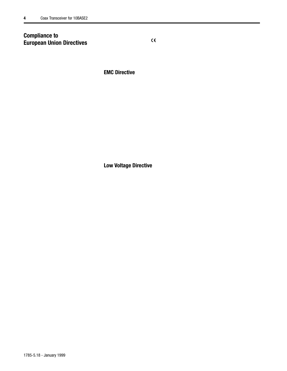 Compliance to european union directives, Emc directive, Low voltage directive | Rockwell Automation 1785-TR10B2 Coax Transceiver for 10BASE2 Installation Instructions User Manual | Page 4 / 8