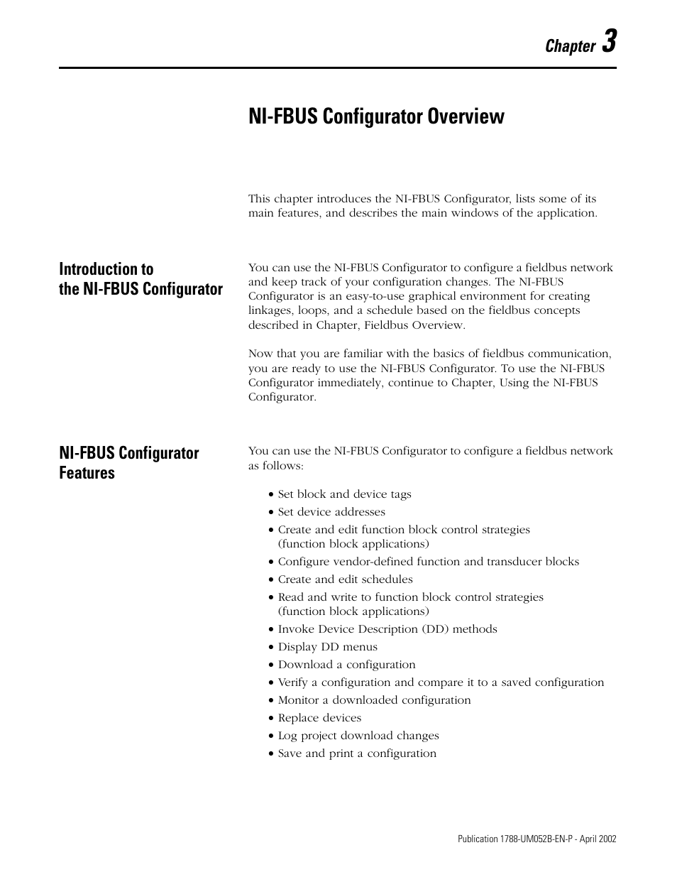 Chapter 3, ni fbus configurator overview, Introduction to the nifbus configurator, Ni-fbus configurator features | Chapter 3, Ni-fbus configurator overview, Chapter 3 , ni-fbus configurator overview | Rockwell Automation 1788-FFCT NI-FBUS Configurator User Manual User Manual | Page 21 / 86