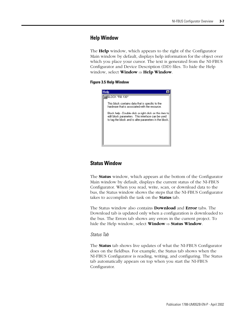 Help window -7 status window -7, Help window, Status window | Rockwell Automation 1788-FFCT NI-FBUS Configurator User Manual User Manual | Page 27 / 86