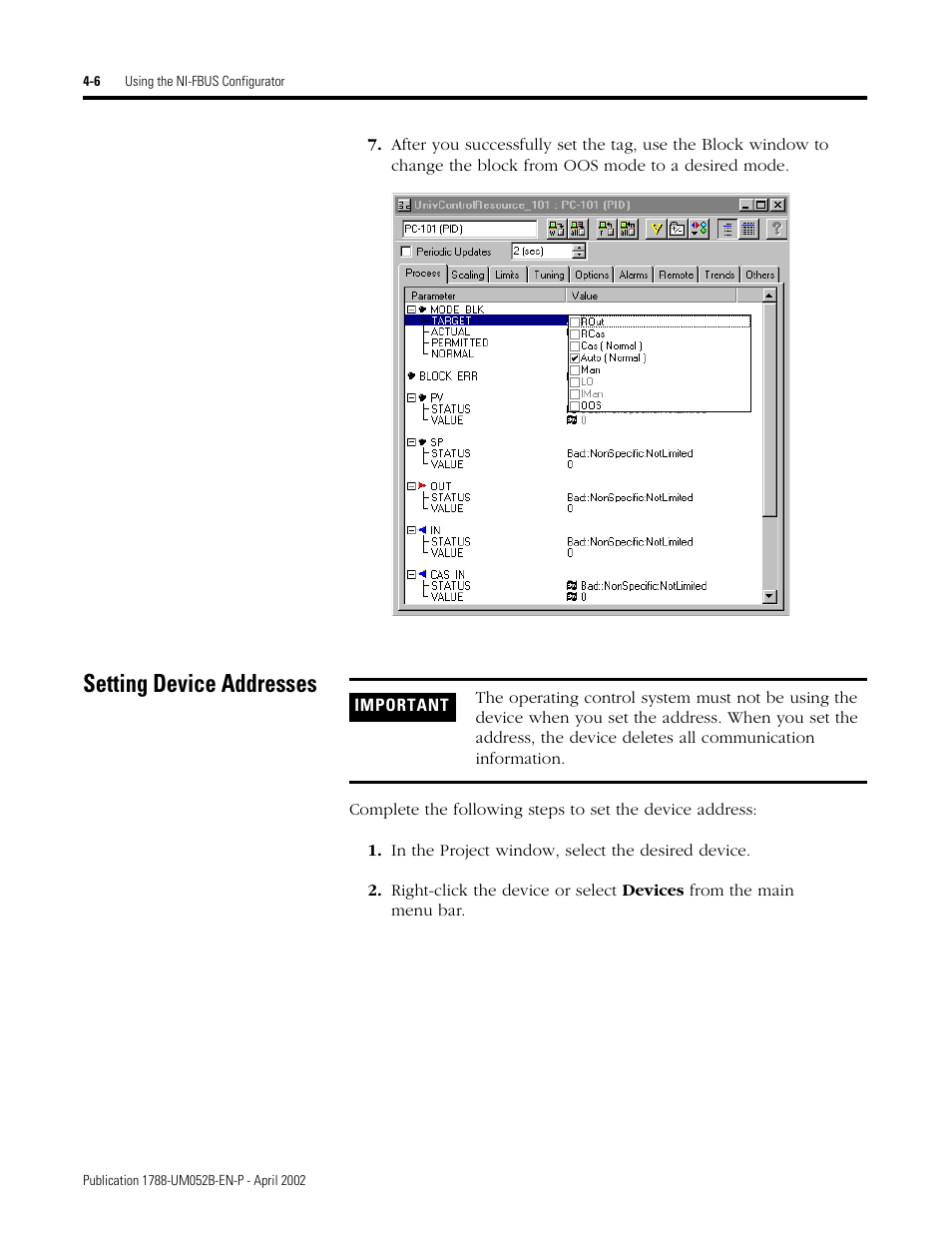 Setting device addresses, Setting device addresses -6, 6, respecti | Rockwell Automation 1788-FFCT NI-FBUS Configurator User Manual User Manual | Page 34 / 86